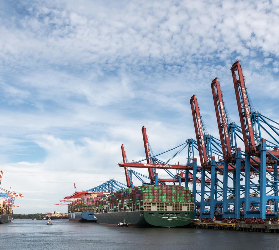 View of container ships and cranes at Hamburg Port, highlighting global trade.
